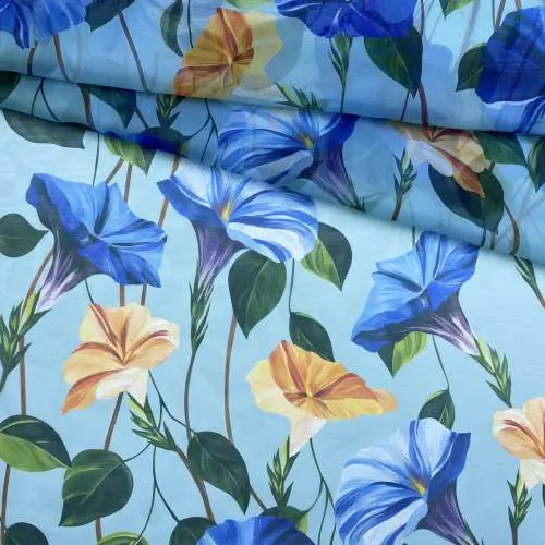 Ткань Шифон бирюзового цвета с принтом вьюнок 24317